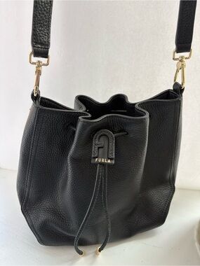 Furla Atena Black Leather Bucket Bag with Crossbody/ Shoulder Strap